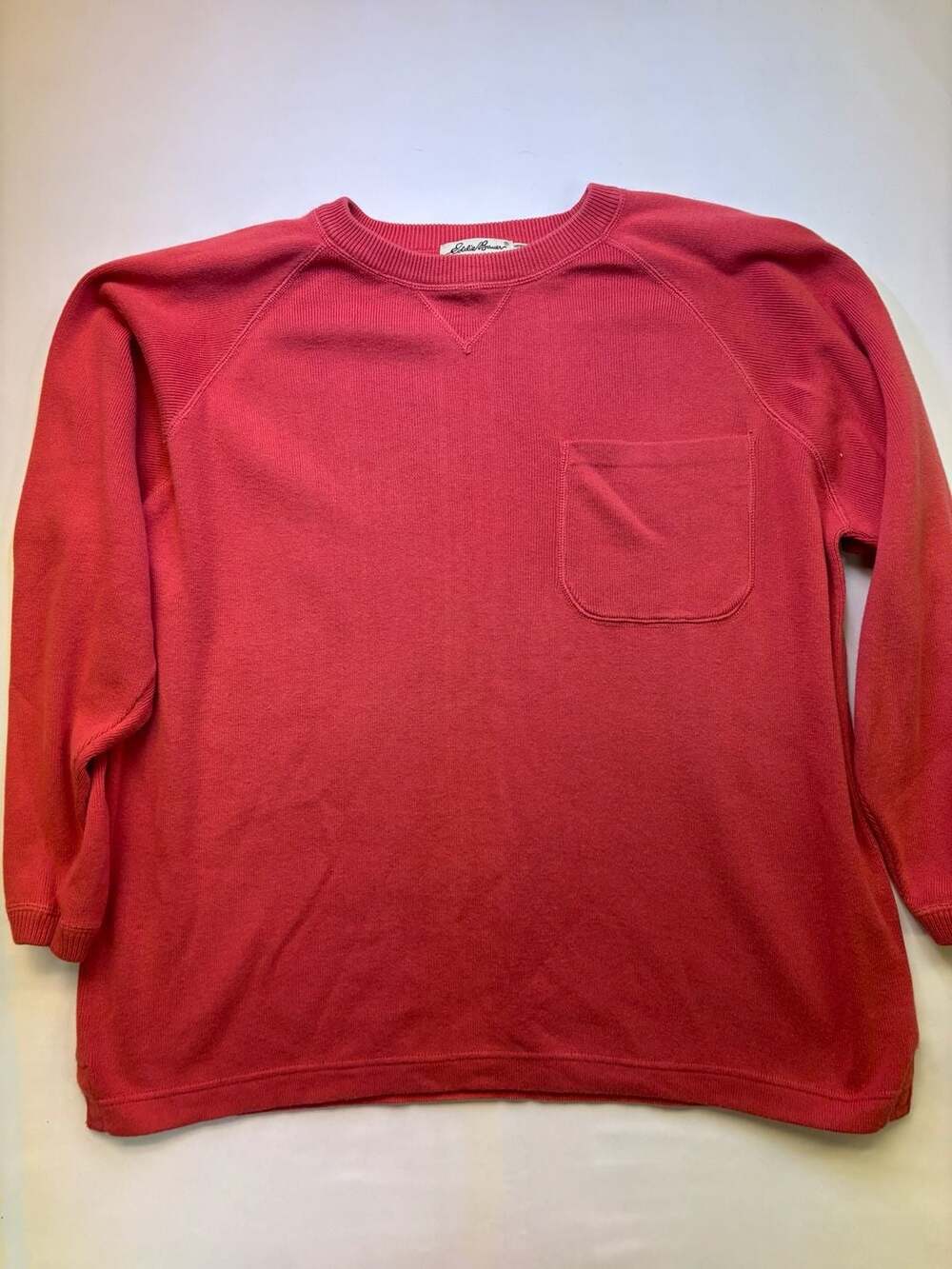 Eddie Bauer Womens Red Ribbed Knit Long Sleeve Pocket Crewneck Sweatshirt Medium